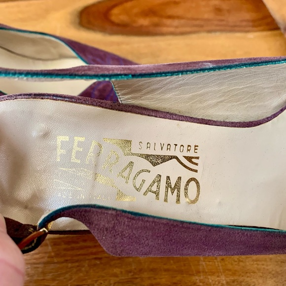 SALVATORE FERRAGAMO Purple Suede Sling Back Heels - Picture 3 of 9